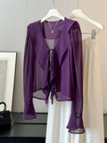 Summer Korean Fashion Flared Sleeve Tie-Front Ruffle Sun-Protection Shirt