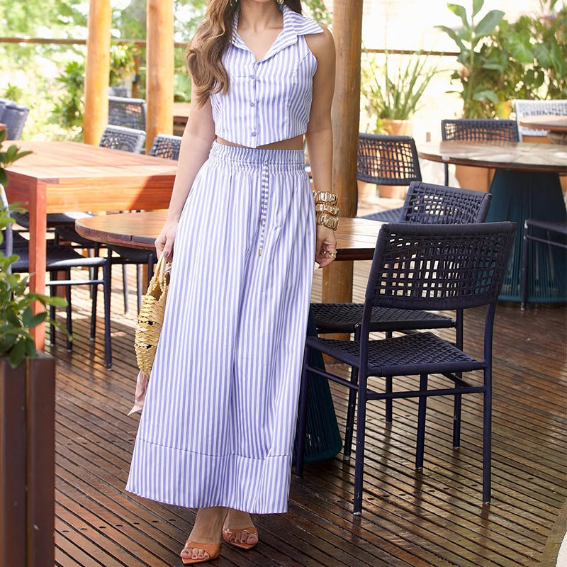 Summer Fashion Striped Fitted Skirt + Top 2-Piece Set