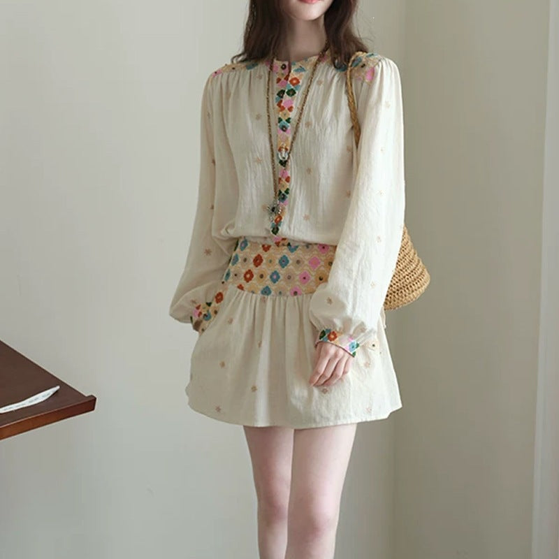 Women's Bohemian Ethnic Lantern Sleeve Long Sleeve High Waist Lantern Skirt + Top 2-P - Top Beige
