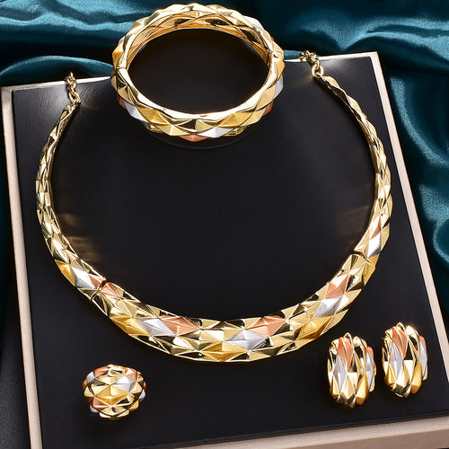 Bestseller EU/US Import 18K Gold Connect Plain Band Necklace Earrings Set Ring Bracelet Set India Women Banquet Jewelry Set