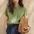 French Linen Jacquard Short Sleeve Lapel Collar Asymmetric Shirt