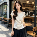 Summer Fashion Slimming Short Sleeve Waist-Tie Patchwork Hollow-Out Shirt