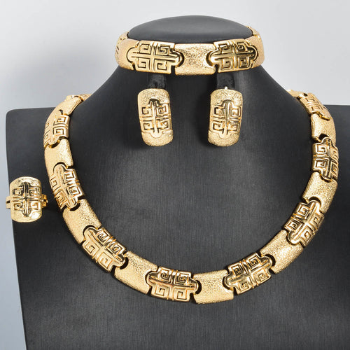 Overseas Dubai Coated 18K Gold Cutout Long Wall Pattern Necklace Bracelet Set Earrings Ring 4-Piece Set India Bride Set