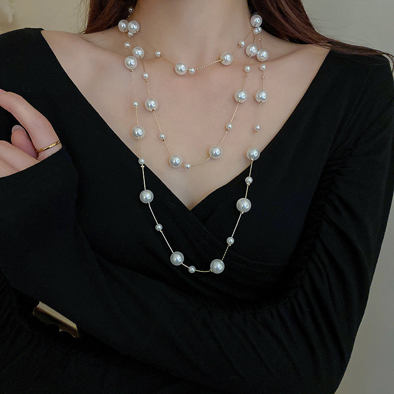 French Layered Rhinestone Pearl Necklace - view 7
