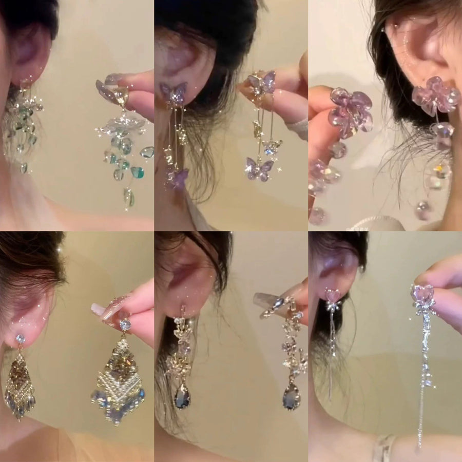 Crystal Flower Rhinestone Tassel Earrings - view 2