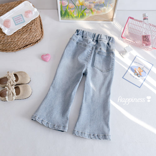 Girls' Cartoon Embroidered Flared Jeans - Fall