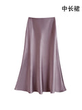 Fall French Elegant Satin High Waist Drapey Skirt