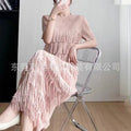 Pleated Fringe Short Sleeve Long Dress, Light Luxury Casual