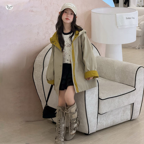 Girls' Contrast Hooded Mid-Length Overcoat - Fall