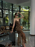 Leopard Print Backless Camisole Bodycon Fitted Long Dress