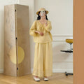 Women's Summer Ethnic Relaxed Ramie Embroidered 3/4 Sleeve V-Neck Loose Set 2026 - Pink Top