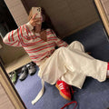Women's Spring Korean Gentle Knit Striped Color-Block Cardigan + Jacket 2026 - Navy