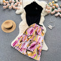 Summer Retro Unique Sleeveless Pleated Shirt + Long Skirt 2-Piece Set