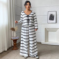 Women's Casual Plus Size Long Sleeve Tie-Front Striped Loose Wide Leg Pants + Top 2-P - Black