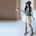 Girls' Velvet Base Vest Layered Tulle Skirt Set