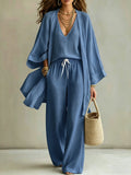 Summer Plus Size V-Neck Drawstring Wide Leg Cardigan + Pants 3-Piece Set