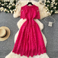 Retro Elegant Heavy Hollow-Out Hooked Flower Water-Soluble Lace Dress, French Waist-Slimming Short Sleeve