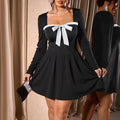 Black A-Line Midi Dress - Slim Fit Bow Detail Long Sleeve Elegant Dress Women
