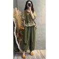 Summer Fashion Slimming Linen Cotton Patchwork Printed Harem Pants + Top 2-Piece Set