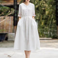 Ethnic Style Embroidered Cotton Jacquard Mid-Length Dress, Fitted Slimming
