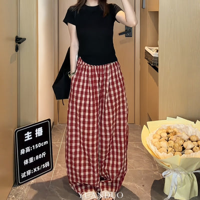 胖mm特大码300斤夏日穿搭一整套休闲T恤复古格子阔腿裤漂亮小套装