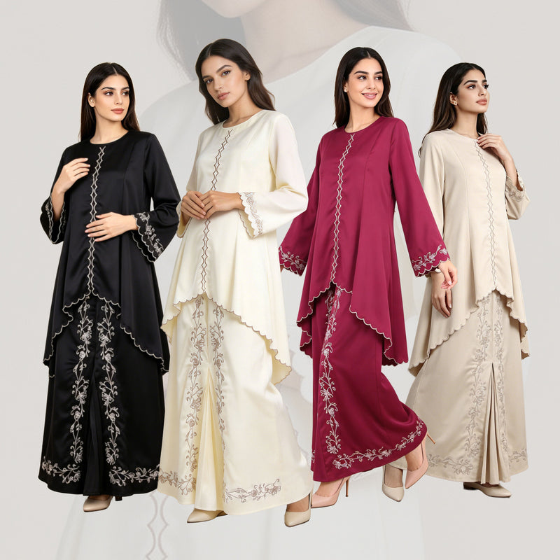 Satin Embroidered Long Sleeve Wavy Edge Loose Skirt + Top 2-Piece Set