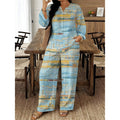 Women's Ethnic Retro Plus Size Long Sleeve V-Neck Printed Drapey Top Set 2026 - 1