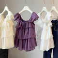 Summer Korean Youthful Mini Flutter Sleeve Sleeveless Ruffle Shirt