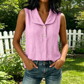 Summer Casual Linen Cotton Sleeveless V-Neck Lapel Collar Loose Shirt + Tank Top