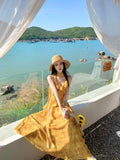 French Yellow Ombre Floral Ribbon V-Neck Camisole Long Dress