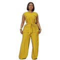 Office Casual Sleeveless Crew Neck Tie-Front Wide Leg Pants + Cardigan + Tank Top 2-Piece Set