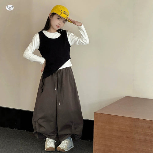 Girls' Faux Layered Vest Tee & Cotton Wide-Leg Pants Set