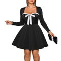 Black A-Line Midi Dress - Slim Fit Bow Detail Long Sleeve Elegant Dress Women