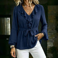 Elegant Slimming Lantern Sleeve Long Sleeve V-Neck Tie-Front Shirt