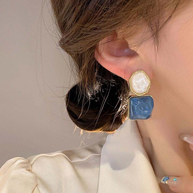Blue Heart and Flower Square Stud Earrings – Trendy Summer Style - view 2