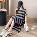 Cotton Embroidered Striped T-Shirt Dress, Loose Long Dress