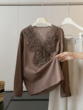 Summer Slimming Linen Cotton Lace Long Sleeve V-Neck Patchwork Heavy Shirt
