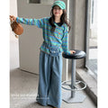 Girls' Striped Lapel Hoodie Denim Wide-Leg Pants Set