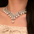 French Rhinestone Pearl Necklace Evening Gown Statement Choker Earrings Set Women Premium Clavicle Chain Elegant Necklace