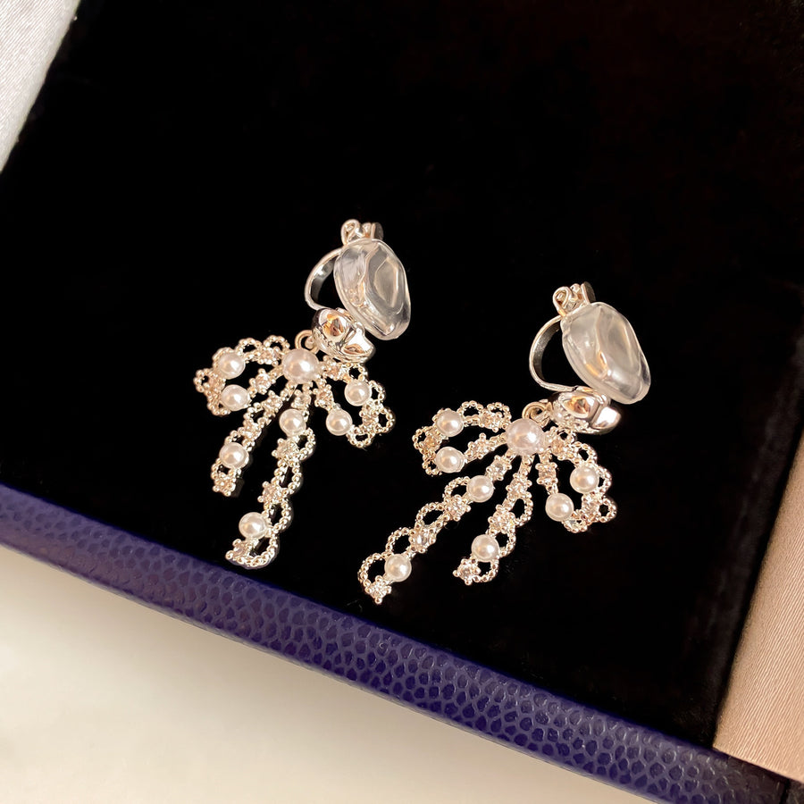 French Zircon Bow and Pearl Clip-On Earrings – No Piercing Required - view 7