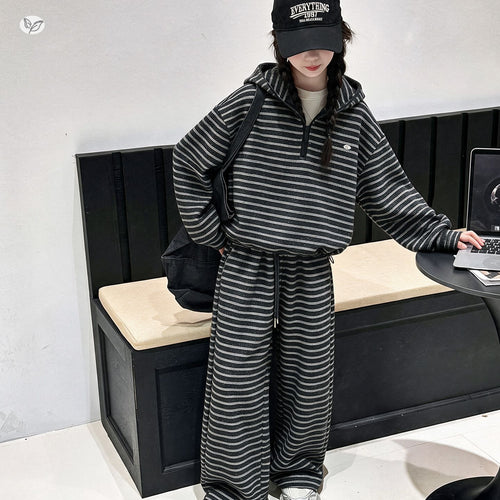 Girls' Striped Hoodie & Wide-Leg Pants Set - Sports
