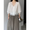 Tencel Linen Lantern Sleeve V-Neck Loose Lantern Shirt