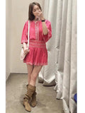 Women's French Ethnic Embroidered Cotton Crew Neck High Waist Skirt + Shirt + Shorts - Top