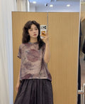 Summer Korean Artistic Ramie Mini Flutter Sleeve Stand Collar Printed Loose Shirt