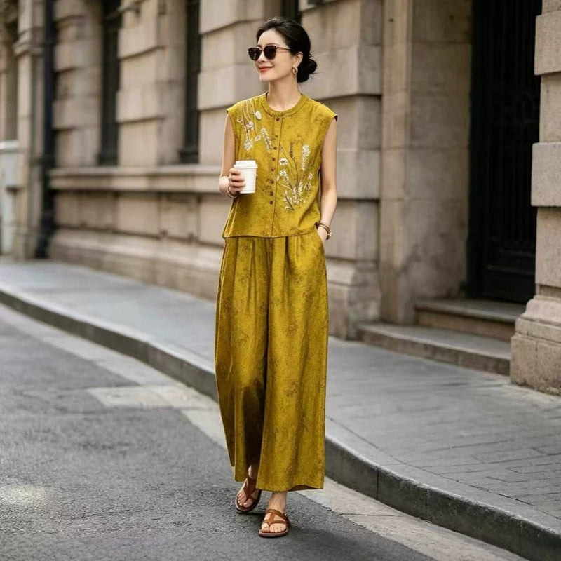 Women's New Chinese Old Money Jacquard Mesh Sleeveless Heavy Elastic Wide Leg Pants + - Blue