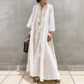 Japanese Retro White V-Neck Fringed Heavy Embroidery Floral Long Dress, 3/4 Sleeve