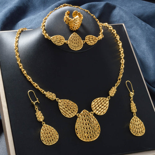 Dubai Statement Gold Plated Teardrop Type Necklace Earrings Set Bracelet Ring 3-Piece Set Middle East Women Wedding Party Set