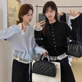 Women's Spring Korean Lace Crew Neck Tie-Front Waist-Tie Lace Trim Knit Top + Cardiga - As Pictured