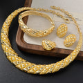 Middle East Bride Bead Gem Jewelry Set Moon Design Diamond Grid Pattern Relief Necklace Bangle Earrings Ring 4-Piece Set
