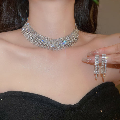 Western Imperial Breeze Rhinestone Geometric Round Fringe Stud Earring Necklace Set Fashionable Clavicle Chain Light Luxury Premium Necklace Women